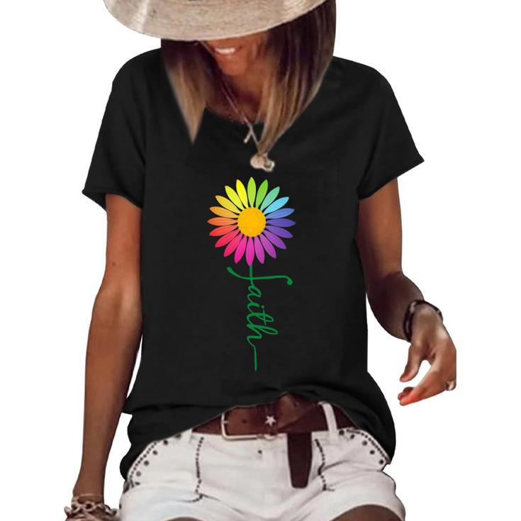 Faith Cross Flower Rainbow Christian Gift Women's Short Sleeve Loose T-shirt