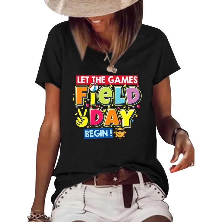 Field Day Let The Games Begin Kids Teachers Field Day 2022 Smile Face Women's Short Sleeve Loose T-shirt