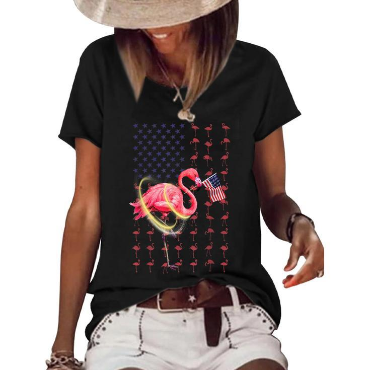 Flamingo American Usa Flag 4Th Of July Funny Patriotic   Women's Short Sleeve Loose T-shirt