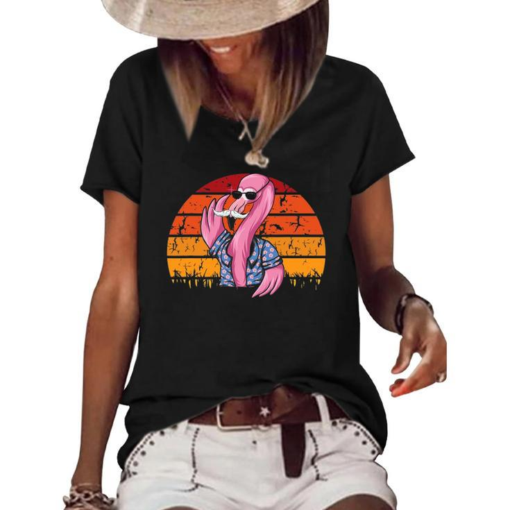 Flamingo Dad Fathers Day Retro Bird Animal Lover Zoo-Keeper Women's Short Sleeve Loose T-shirt