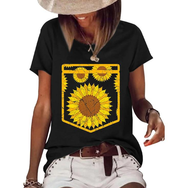 Florist Floral Cute Yellow Flower Pocket Sunflower Women's Short Sleeve Loose T-shirt