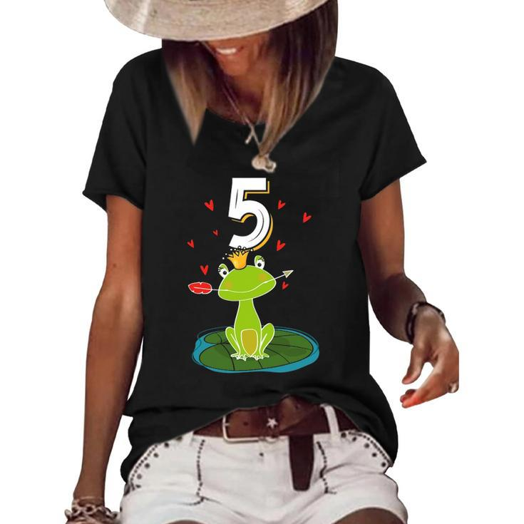 Frog Animal Lovers 5Th Birthday Girl B-Day 5 Years Old Women's Short Sleeve Loose T-shirt