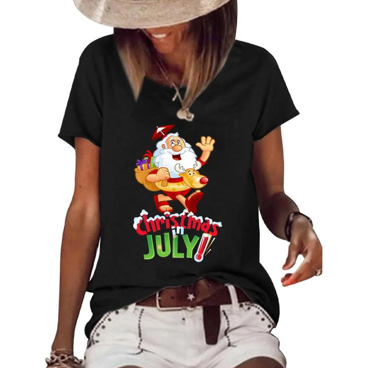 Funny Christmas In July  Summer Reindeer Float Xmas Women's Short Sleeve Loose T-shirt