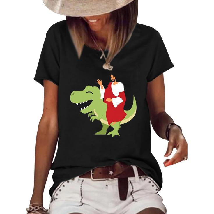 Funny Parody Jesus Riding Dinosaur Cute Meme Dino Gift Women's Short Sleeve Loose T-shirt