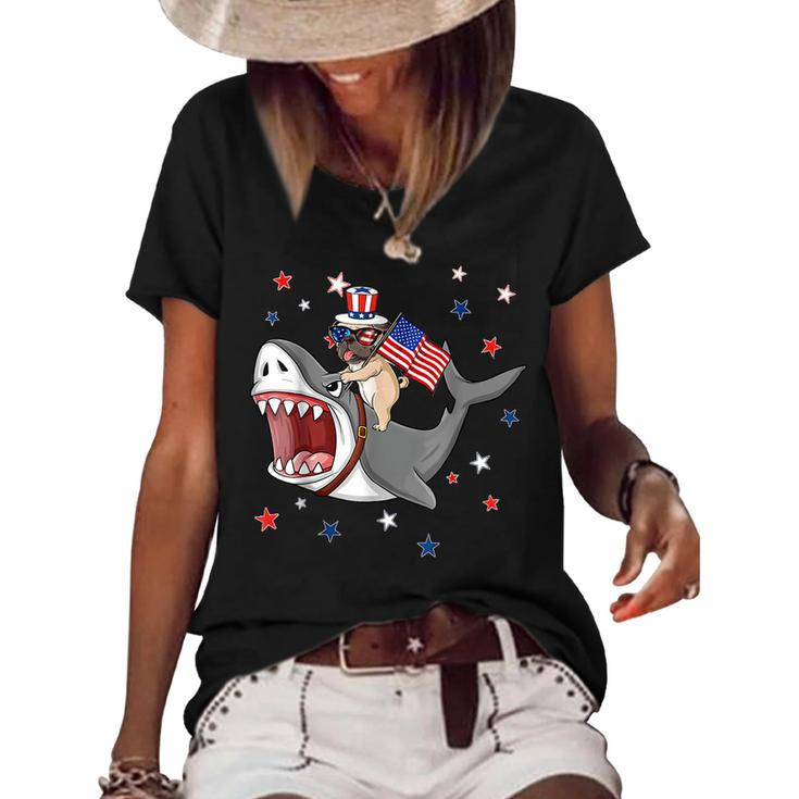 Funny Pug Shark 4Th Of July Dog Mom Dad Puppy Lover  Women's Short Sleeve Loose T-shirt