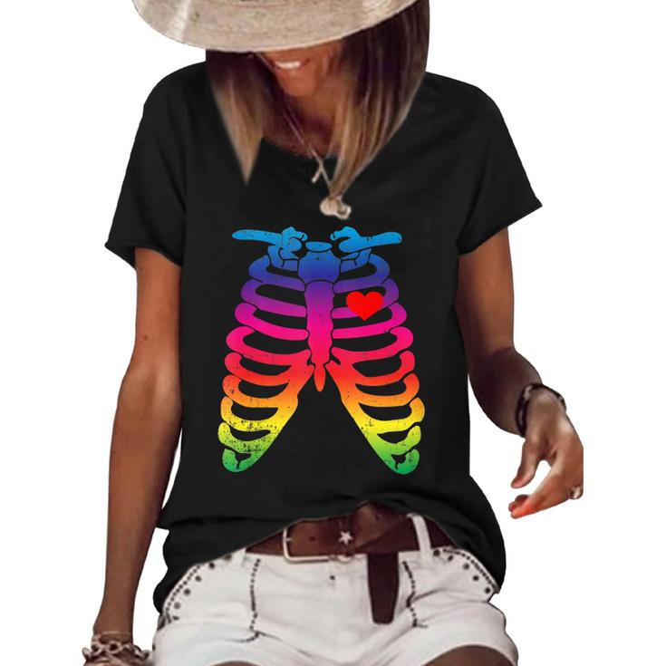 Gay Rainbow Pride Lgbt Halloween Skeleton Design  Women's Short Sleeve Loose T-shirt