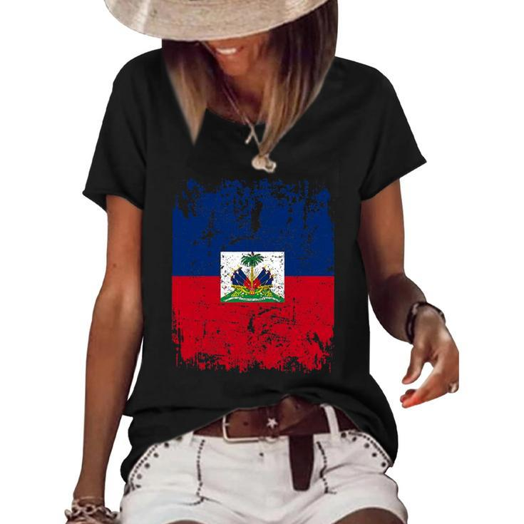 Haiti Flag Vintage Men Women Kids Haiti Women's Short Sleeve Loose T-shirt