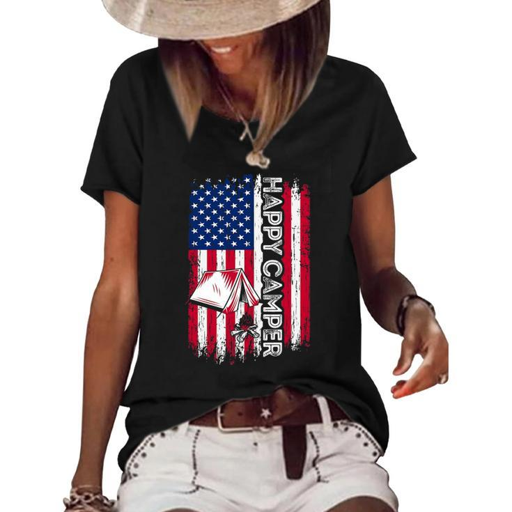 Happy Camper American Flag Camping Hiking Lover Men Women Women's Short Sleeve Loose T-shirt