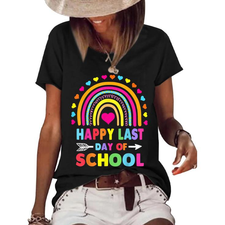 Happy Last Day Of School Teacher Student Graduation Rainbow  Women's Short Sleeve Loose T-shirt