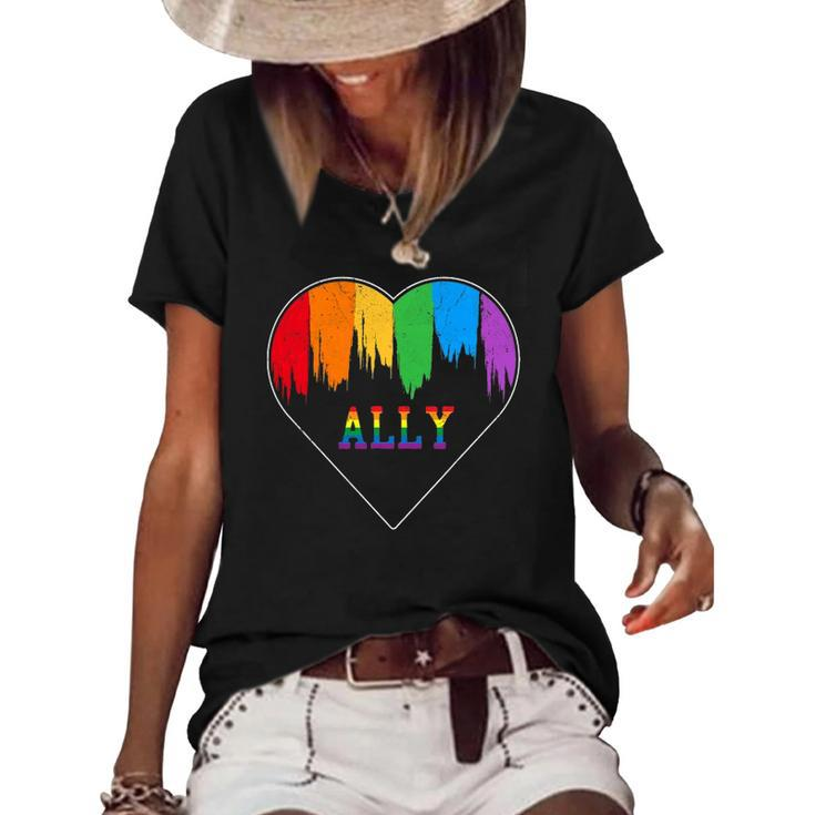 Hearts Lgbt Equality Love Lgbtq Rainbow Flag Gay Pride Ally Women's Short Sleeve Loose T-shirt