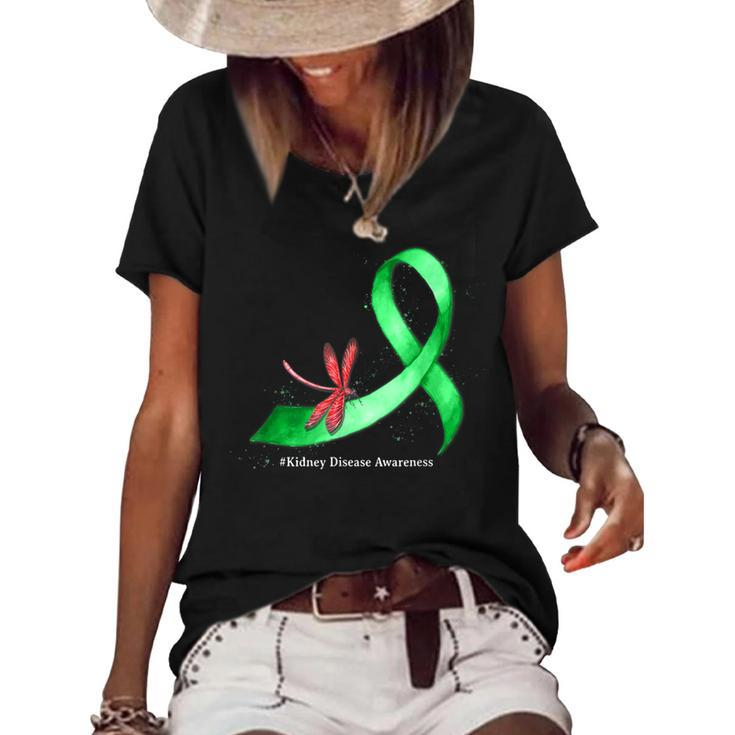 Hippie Dragonfly Green Ribbon Kidney Disease Awareness  Women's Short Sleeve Loose T-shirt