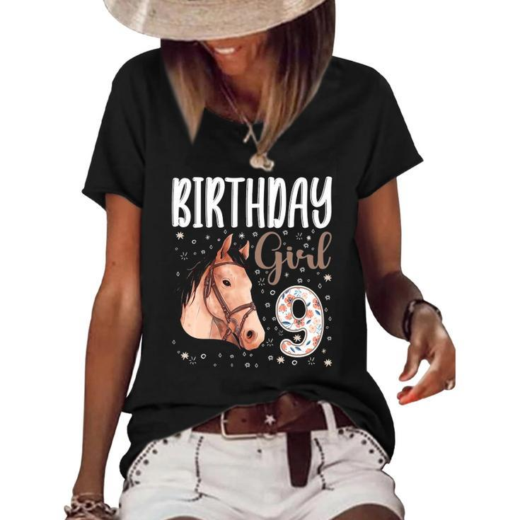 Horse Animal Lovers 9Th Birthday Girl B-Day 9 Years Old Women's Short Sleeve Loose T-shirt