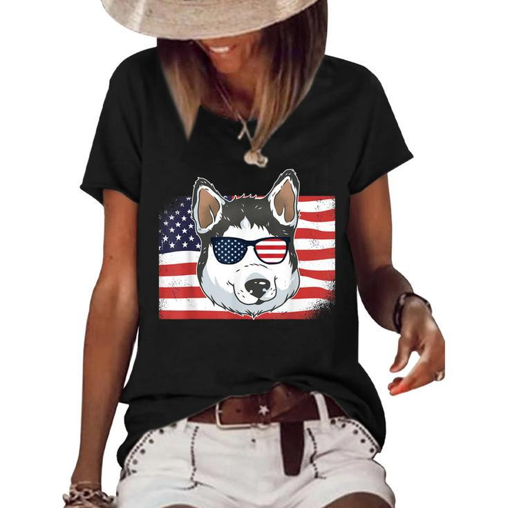 Husky Dad & Mom American Flag 4Th Of July Usa Siberian Husky  Women's Short Sleeve Loose T-shirt