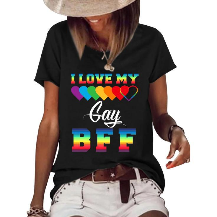 I Love My Gay Bff Rainbow Lgbt Pride Proud Lgbt Friend Ally Women's Short Sleeve Loose T-shirt