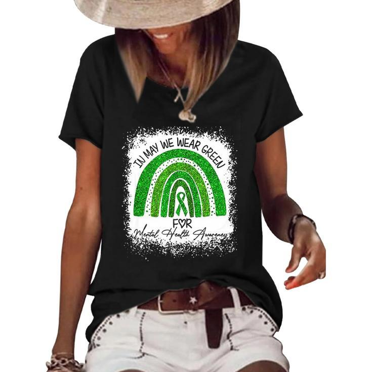 In May We Wear Green For Mental Health Awareness Rainbow Women's Short Sleeve Loose T-shirt