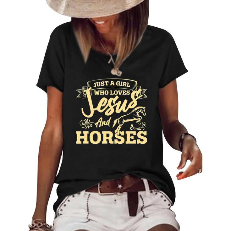 Jesus And Horses Horse Lover Girls Women Horseback Riding Women's Short Sleeve Loose T-shirt