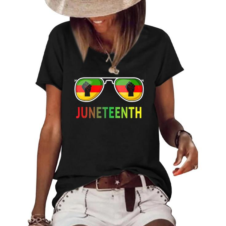 Juneteenth Sunglasses Black Pride Flag Fists Men Women  Women's Short Sleeve Loose T-shirt