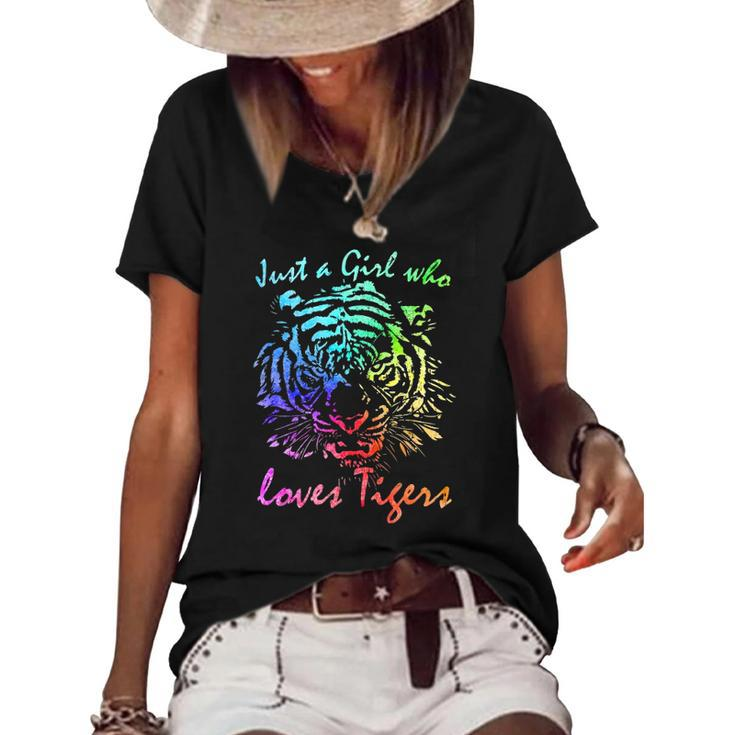 Just A Girl Who Loves Tigers Retro Vintage Rainbow Graphic Women's Short Sleeve Loose T-shirt