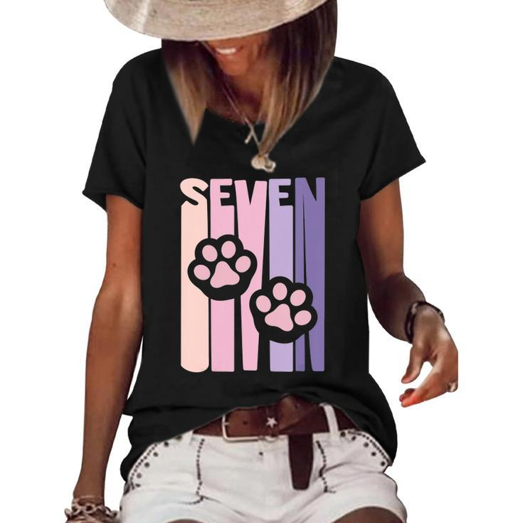Kids 7Th Birthday Paw Cute Dog Fan 7 Years Old For Girls Women's Short Sleeve Loose T-shirt
