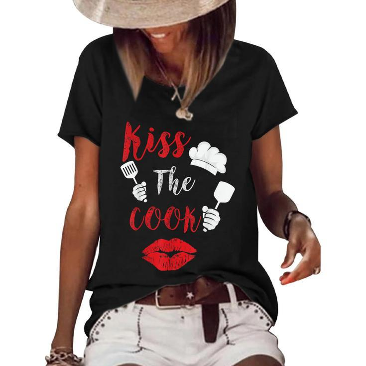 Kiss The Cook Chef Cooking Love Big Red Heart Valentines Day  Women's Short Sleeve Loose T-shirt