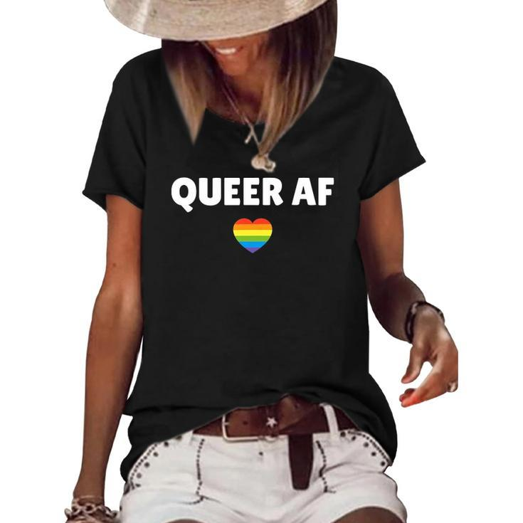 Lgbt Pride - Queer Af Rainbow Flag Heart Women's Short Sleeve Loose T-shirt