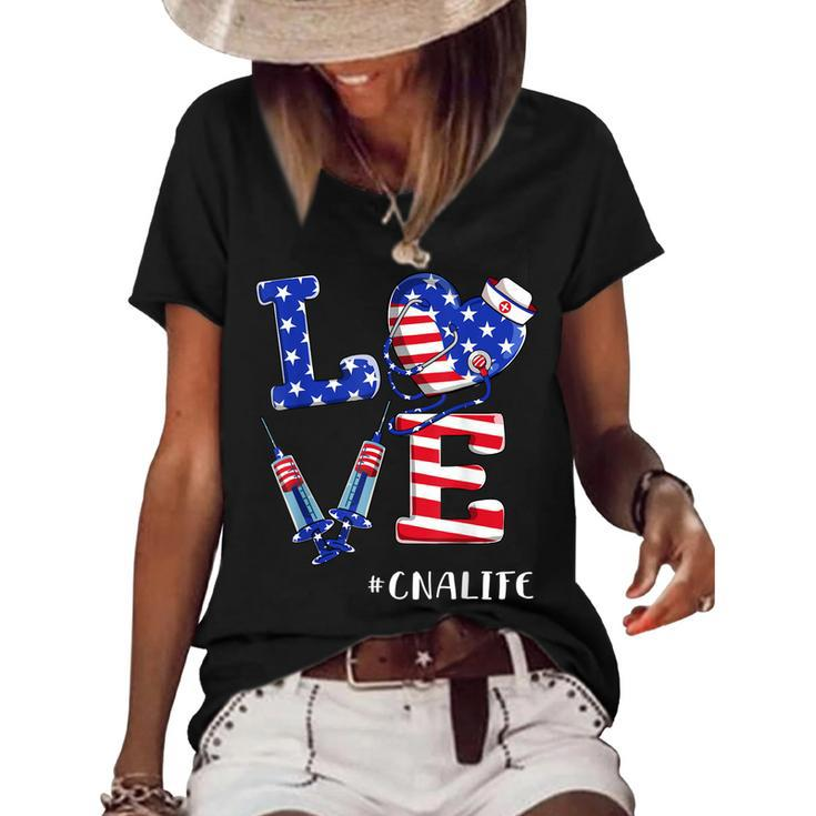 Love Cna Life Nurse 4Th Of July American Flag Patriotic  Women's Short Sleeve Loose T-shirt