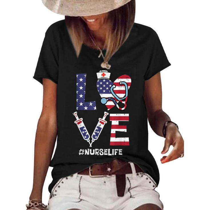 Love Stethoscope Nurse Fourth 4Th Of July Nursing Patriot  Women's Short Sleeve Loose T-shirt