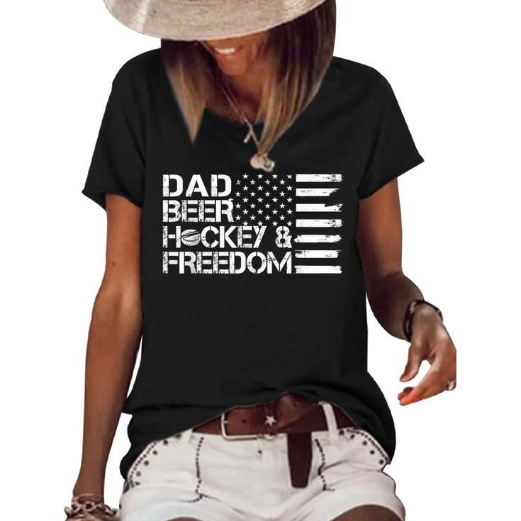 Mens Dad Beer Coach & Freedom Hockey Us Flag 4Th Of July  Women's Short Sleeve Loose T-shirt