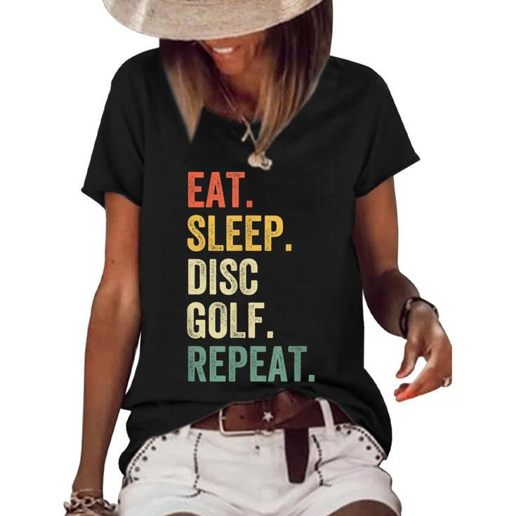 Mens Eat Sleep Disc Golf Repeat Funny Frisbee Sport Vintage Retro  Women's Short Sleeve Loose T-shirt