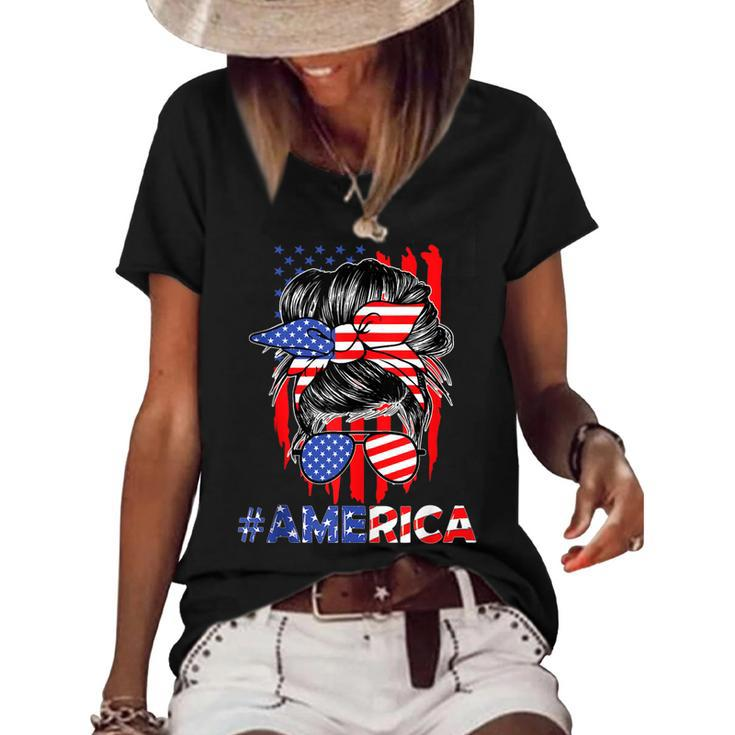 Mom Life Messy Bun America Flag Mothers Day Gift 4Th Of July  Women's Short Sleeve Loose T-shirt