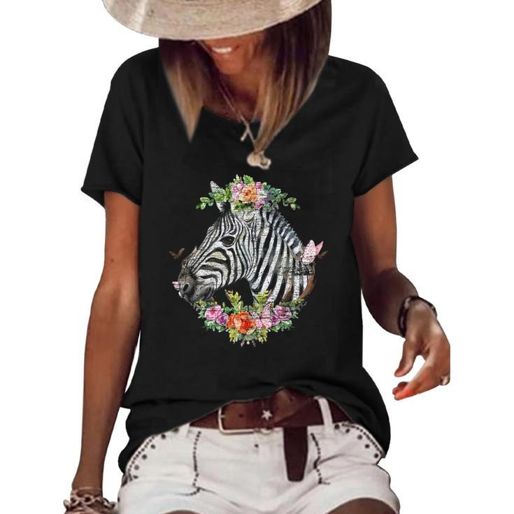 Nature Floral Plants Flowers Animal Zebra Women's Short Sleeve Loose T-shirt