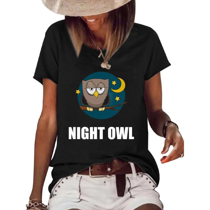 Night Owl Moon Cartoon Funny Women's Short Sleeve Loose T-shirt