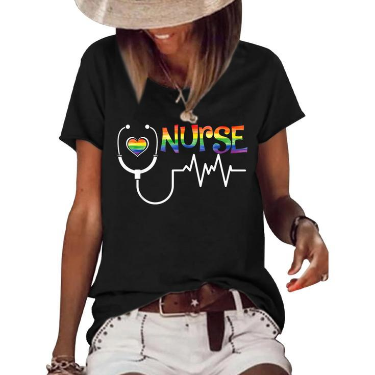 Nurse Rainbow Flag Lgbt Lgbtq Gay Lesbian Bi Pride Ally  Women's Short Sleeve Loose T-shirt