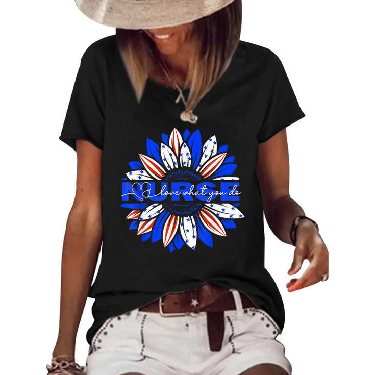 Nurses American Flag Sunflowers Happy 4Th Of July Day  Women's Short Sleeve Loose T-shirt