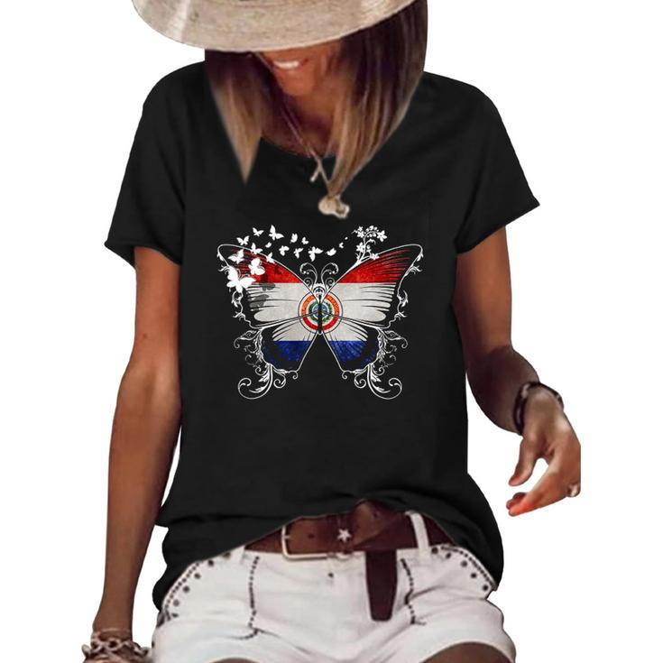Paraguay Flag  Butterfly Graphic Women's Short Sleeve Loose T-shirt