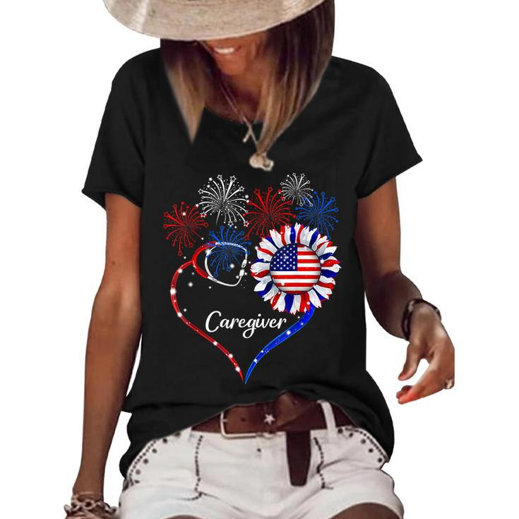 Patriotic Caregiver Sunflower 4Th Of July American Flag Love  Women's Short Sleeve Loose T-shirt