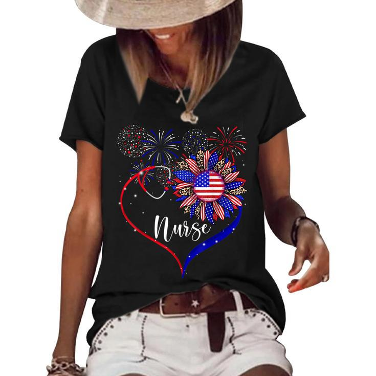 Patriotic Nurse 4Th Of July American Flag Sunflower Love  Women's Short Sleeve Loose T-shirt