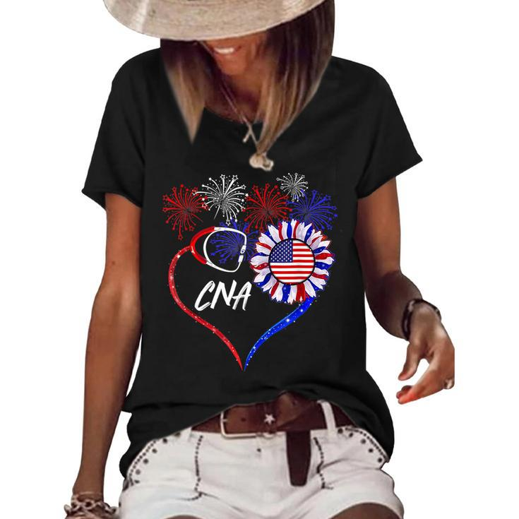 Patriotic Nurse Cna 4Th Of July American Flag Sunflower Love  V2 Women's Short Sleeve Loose T-shirt
