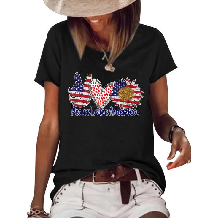 Peace Love America 4Th July Patriotic Sunflower Heart Sign  Women's Short Sleeve Loose T-shirt