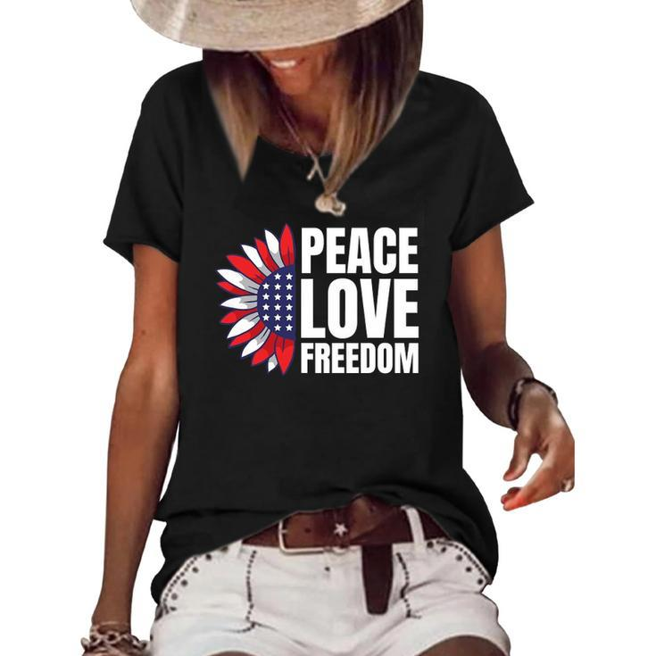 Peace Love Freedom America Usa Flag Sunflower Women's Short Sleeve Loose T-shirt