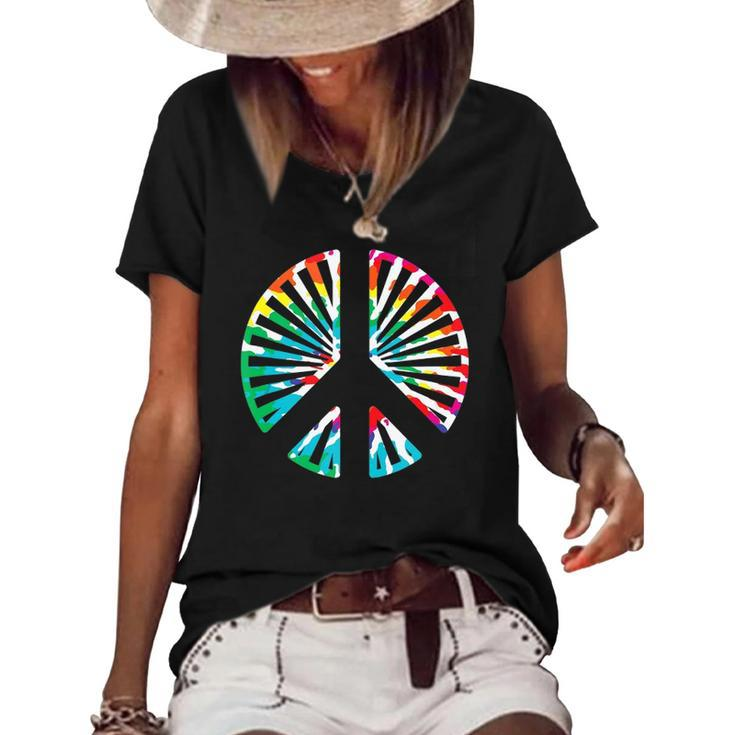 Peace Sign Rainbow Colors 70S 80S Party  Women's Short Sleeve Loose T-shirt