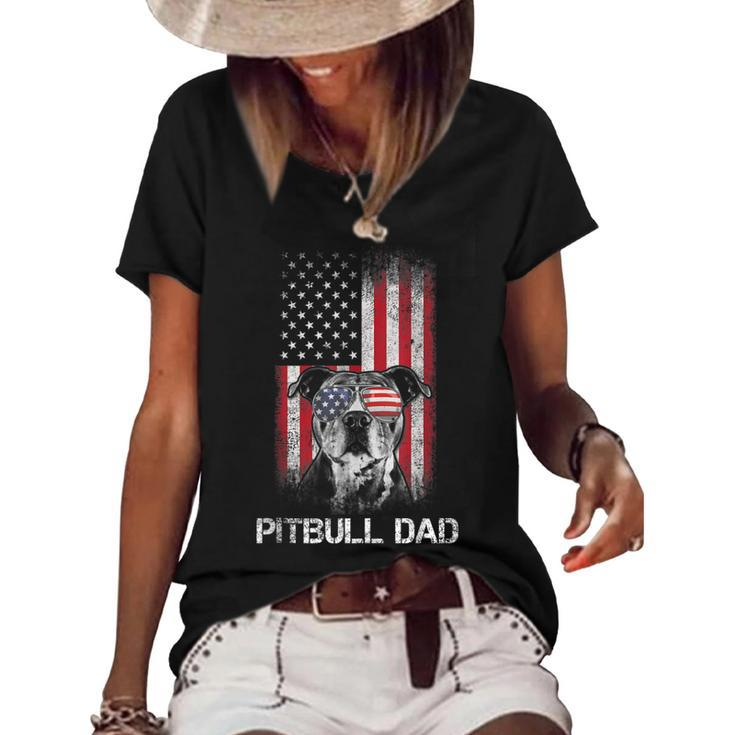 Pitbull American Flag 4Th Of July Pitbull Dad Mom Dog Lover  Women's Short Sleeve Loose T-shirt
