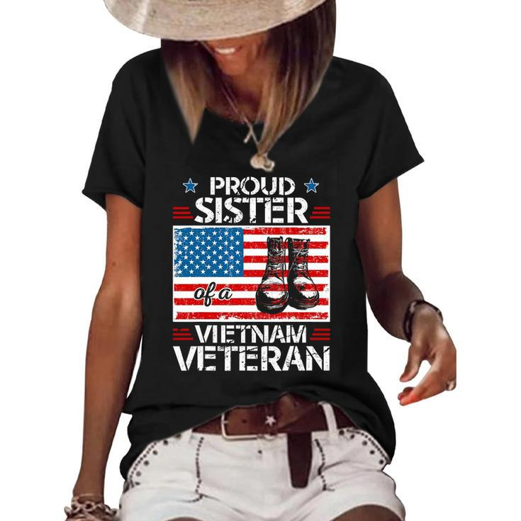 Proud Sister Of Vietnam Veteran Patriotic Usa Flag Military Women's Short Sleeve Loose T-shirt