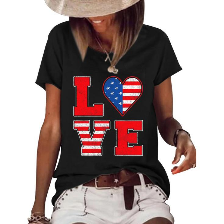 Red White And Blue S For Women Girl Love American Flag Women's Short Sleeve Loose T-shirt