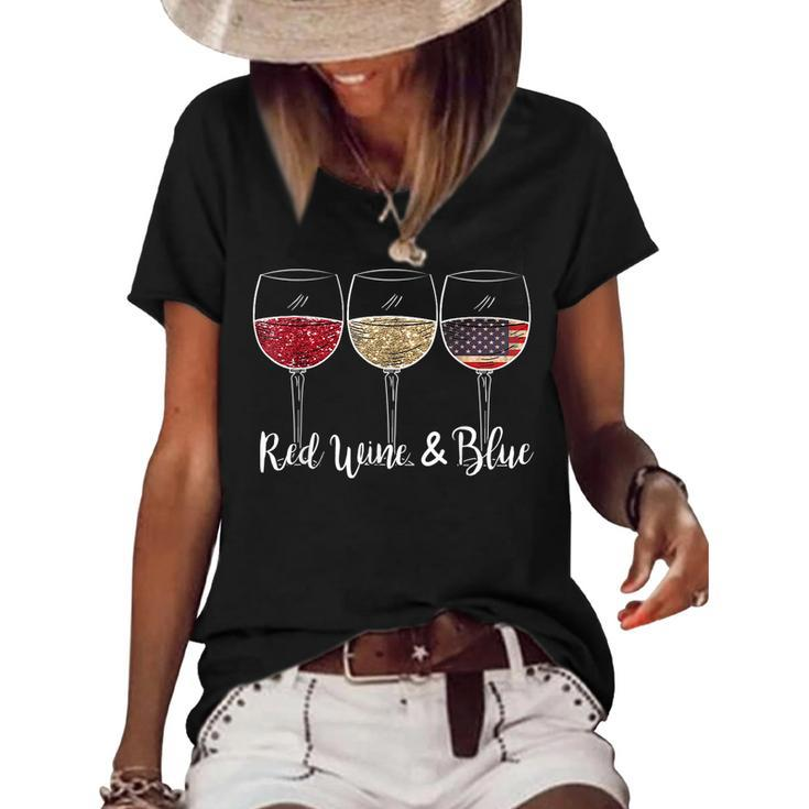 Red Wine & Blue 4Th Of July Wine Red White Blue Wine Glasses  Women's Short Sleeve Loose T-shirt