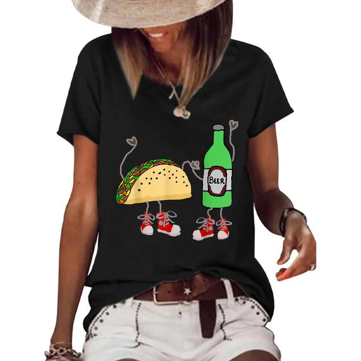 Smilealot Funny Taco And Beer Food Cartoon  Women's Short Sleeve Loose T-shirt