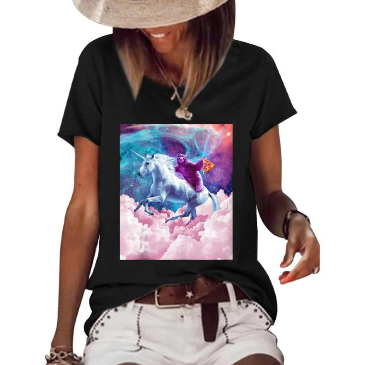 Space Sloth On Unicorn Sloth Pizza  Women's Short Sleeve Loose T-shirt