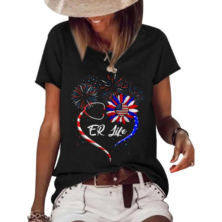 Stethoscope Sunflower Patriotic Er Life Nurse 4Th Of July  Women's Short Sleeve Loose T-shirt