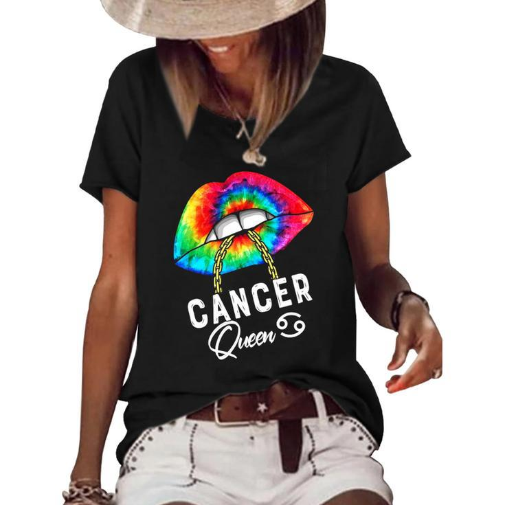 Tie Dye Cancer Queen Lips Zodiac July June Queens Womens Women's Short Sleeve Loose T-shirt