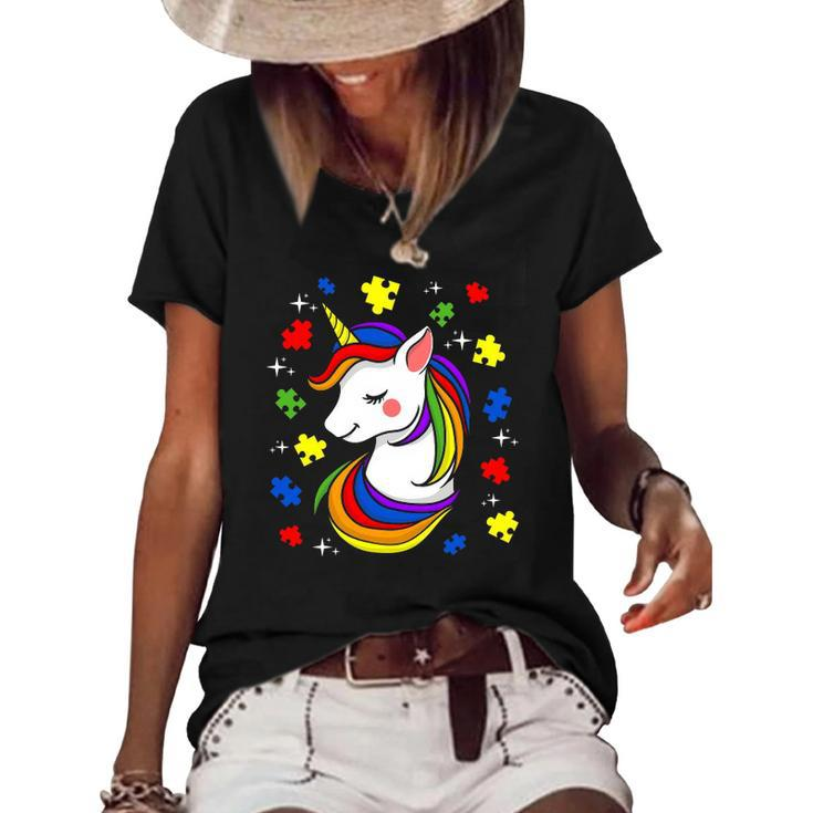 Unicorn Puzzle Piece  Autism Awareness Boys Girls Women Women's Short Sleeve Loose T-shirt